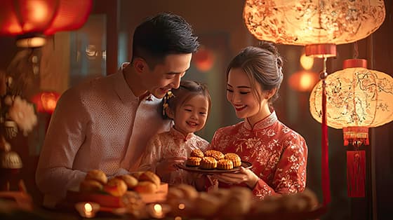 八月十五中秋之夜一家人在户外吃月饼庆祝中秋节图片素材(JPG)