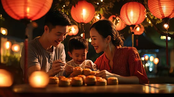 八月十五中秋之夜一家人在户外吃月饼庆祝中秋节图片素材(JPG)