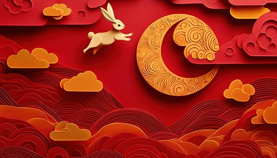 精美的兔子月亮云朵剪纸设计中秋节图片素材(JPG)