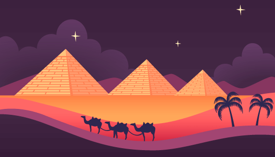 埃及金字塔和骆驼商队夜景矢量素材(EPS/AI)