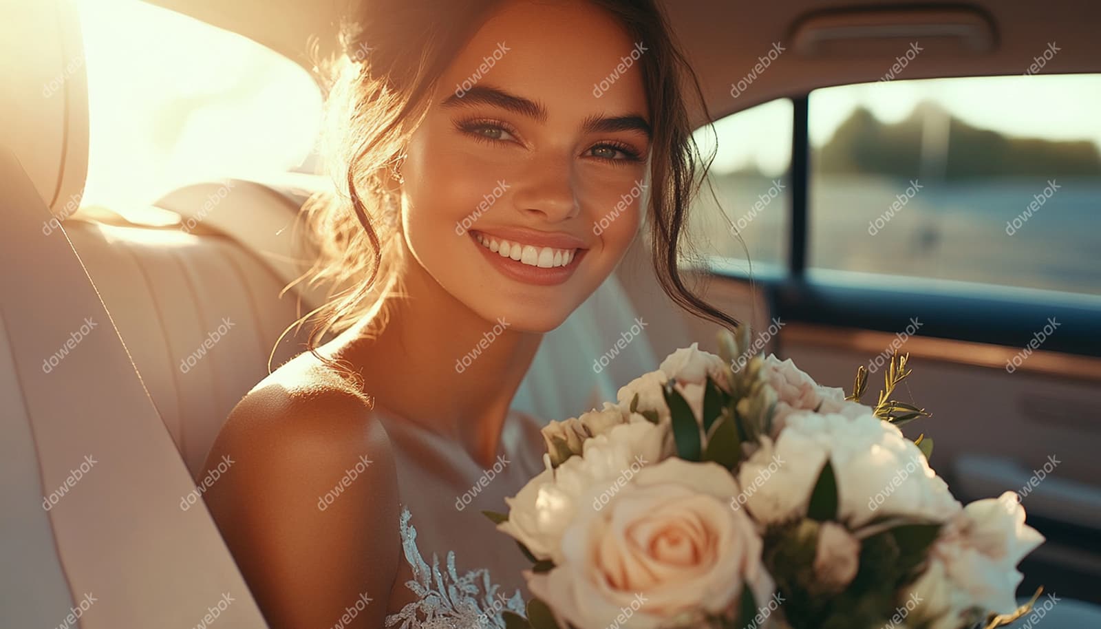 坐在车里微笑的新娘图片素材(JPG)