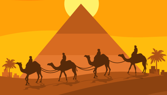 埃及金字塔和骆驼商队夜景矢量素材(EPS/AI)