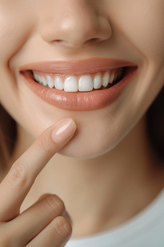 用手指指着嘴巴微笑的女人图片素材(JPG)