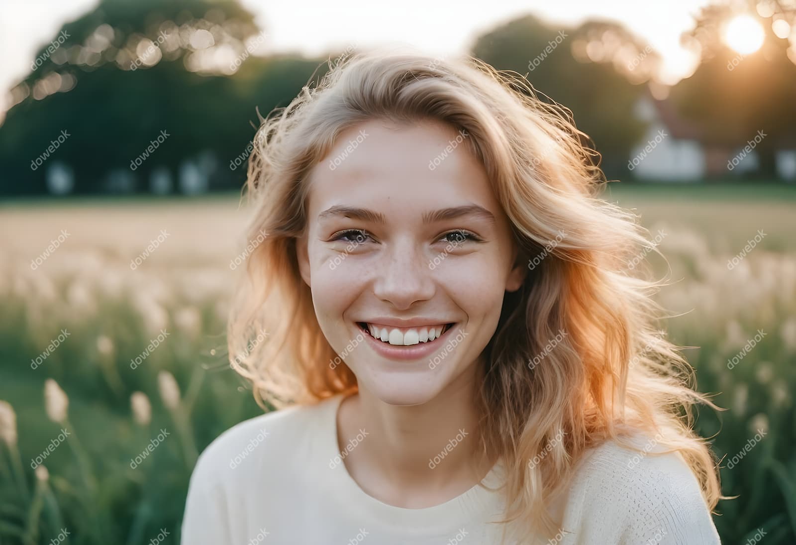 一位女子在田野中微笑图片素材(JPG)