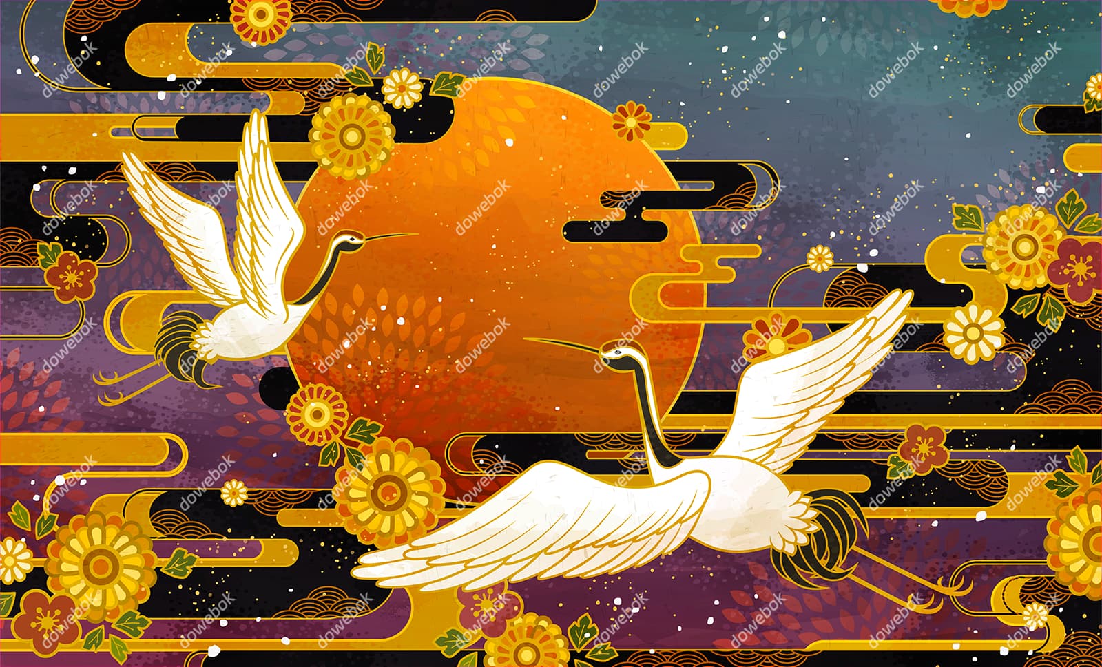 飞舞的白鹤和菊花设计重阳节背景图片矢量素材(EPS)