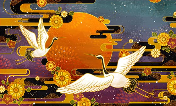 飞舞的白鹤和菊花设计重阳节背景图片矢量素材(EPS)