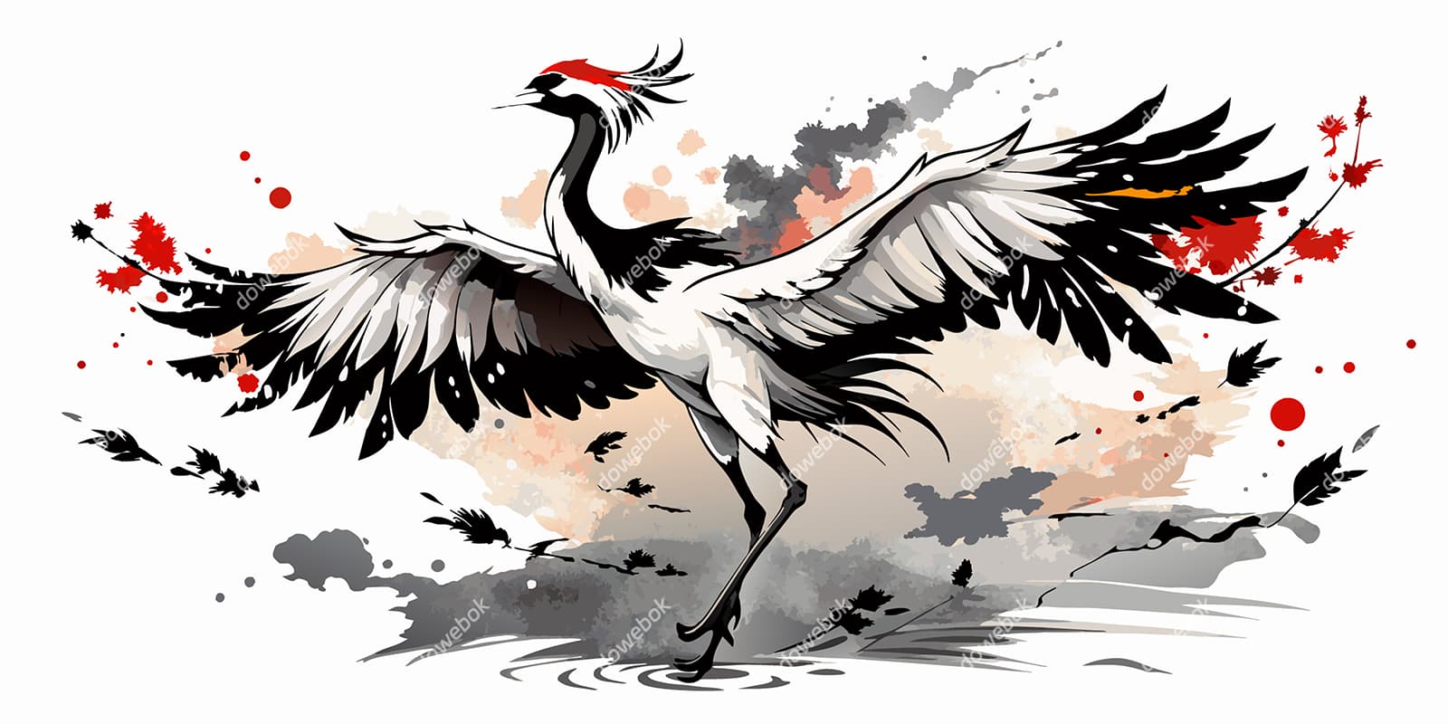 水墨画展翅的丹顶鹤矢量素材(EPS)