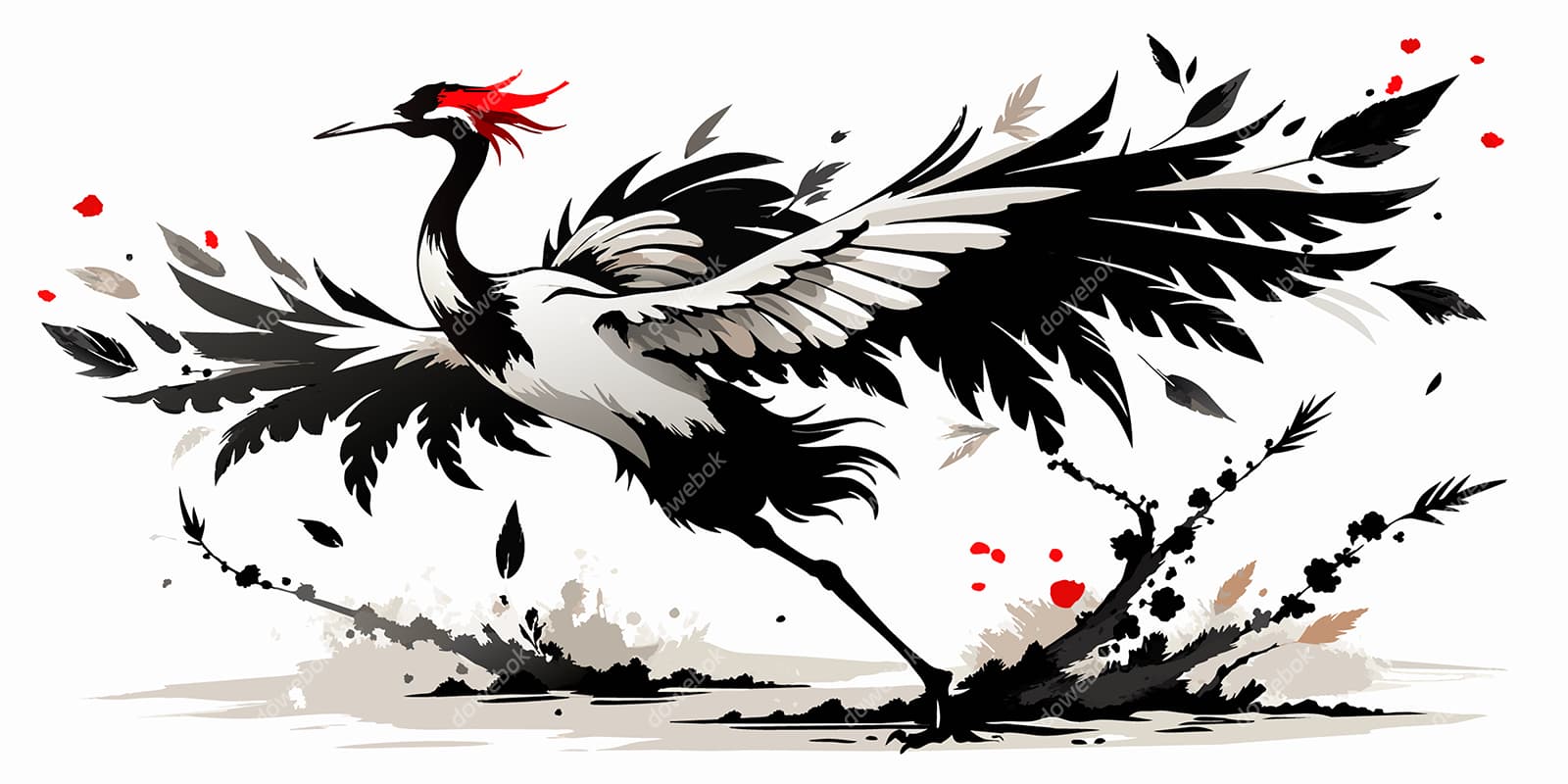 水墨画展翅即将起飞的丹顶鹤矢量素材(EPS)