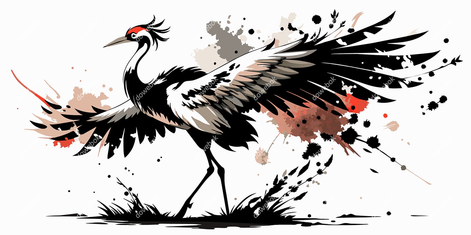 水墨画展翅的丹顶鹤矢量素材(EPS)