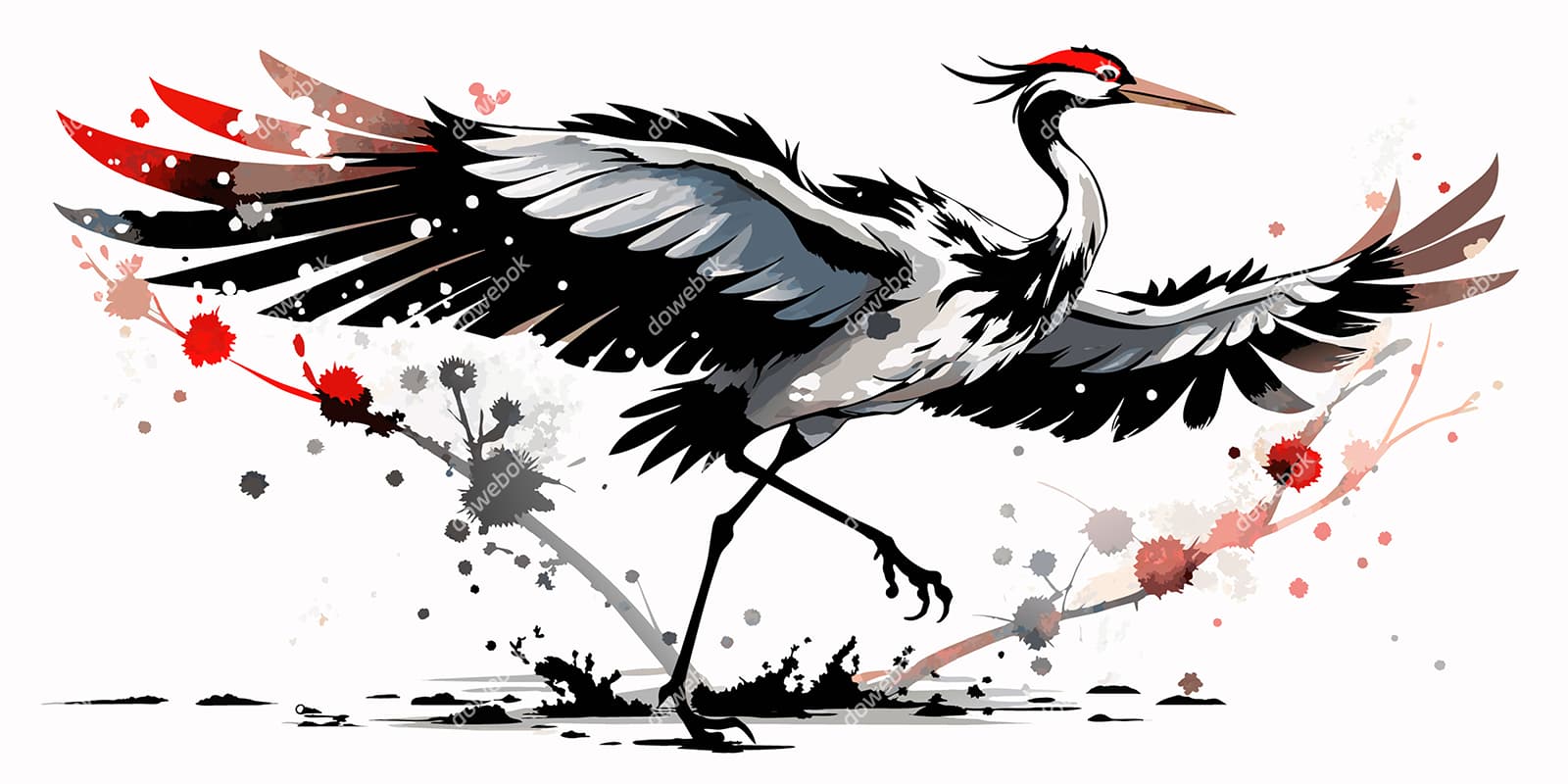 水墨画展翅的丹顶鹤矢量素材(EPS)