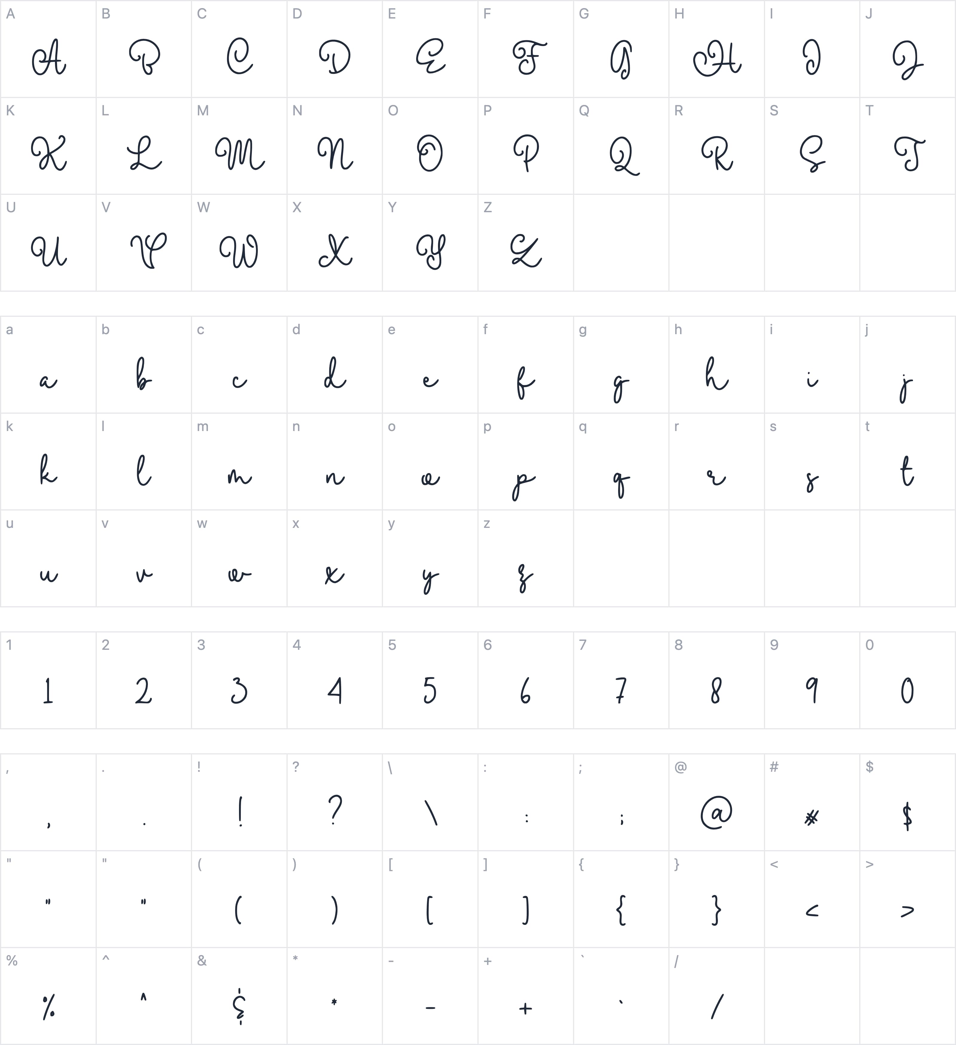 Baby Mayora Script字符映射图