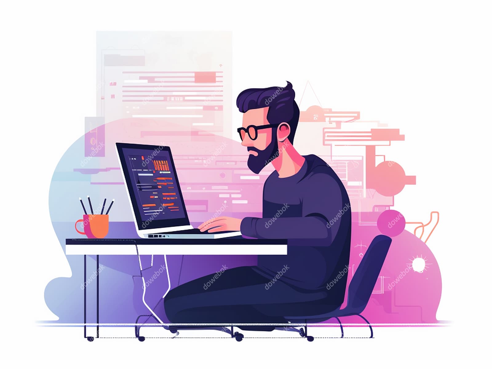 坐在电脑前工作的男子矢量素材(EPS)