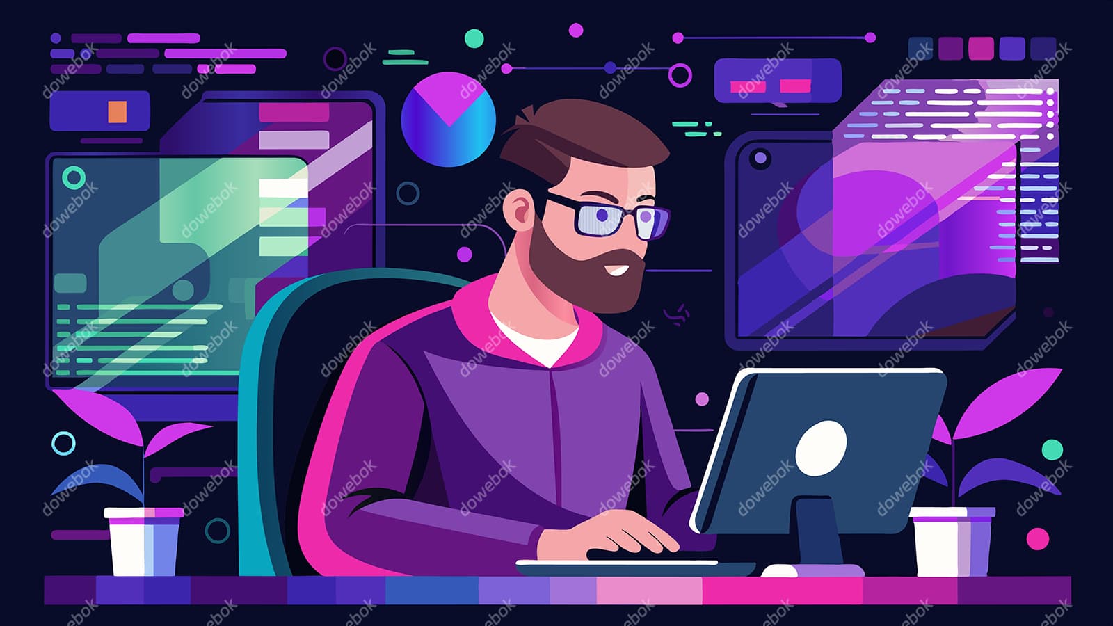 坐在电脑前工作的男子矢量素材(PSD)