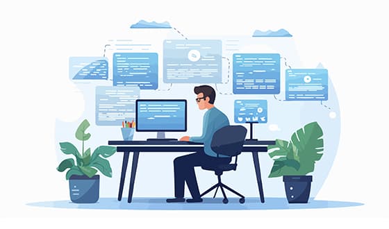 坐在办公桌电脑前工作的男子矢量素材(EPS)