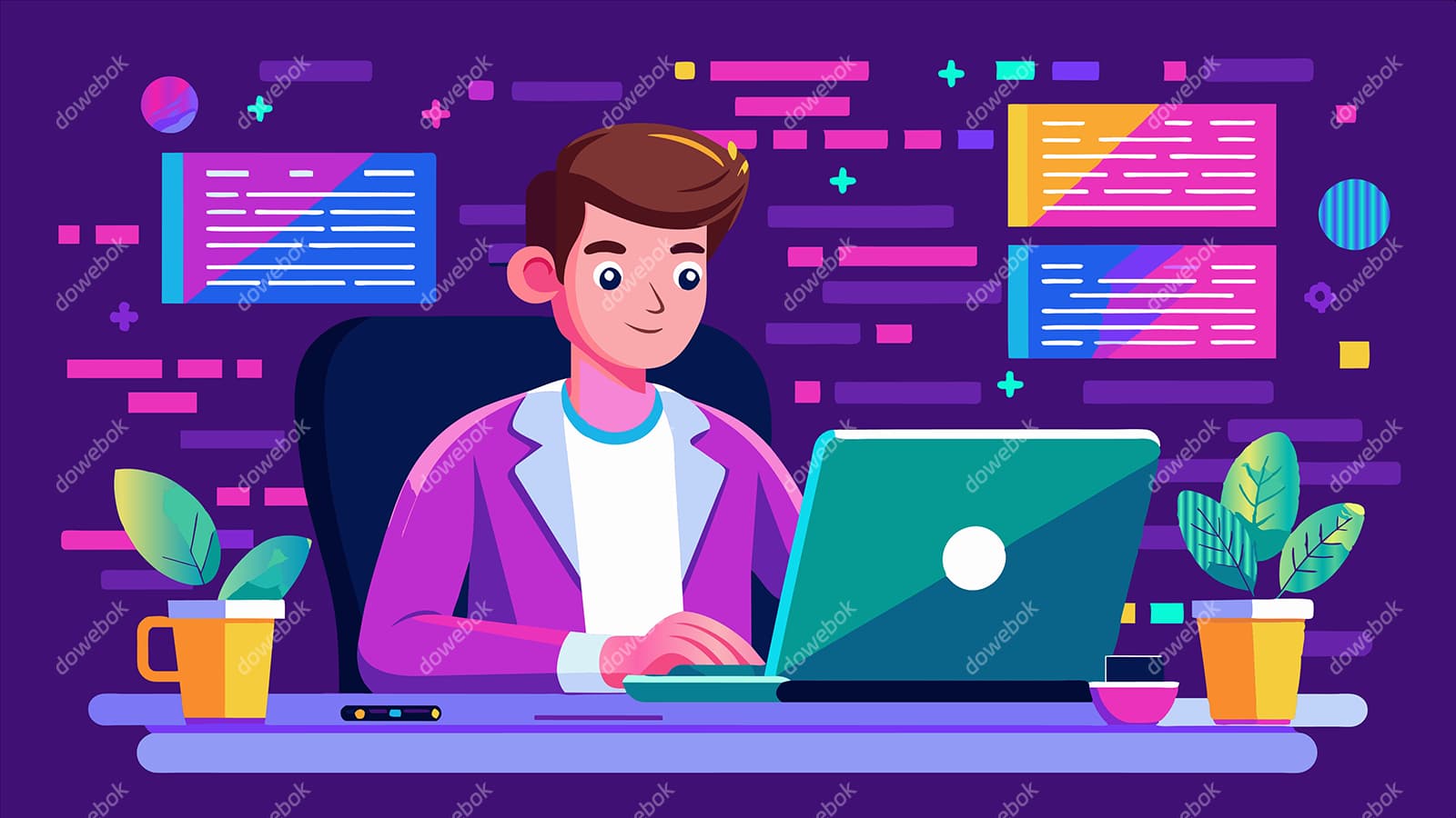 坐在办公桌电脑前工作的男子矢量素材(EPS)