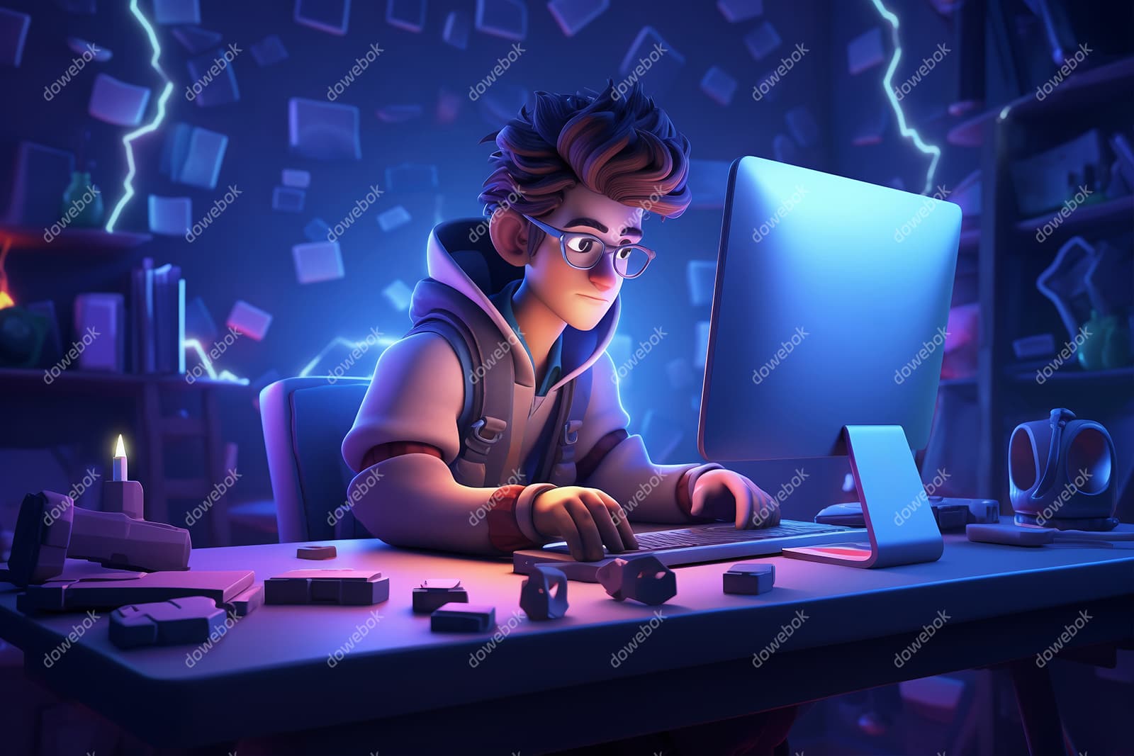 坐在电脑前玩游戏的男孩图片素材(JPG)