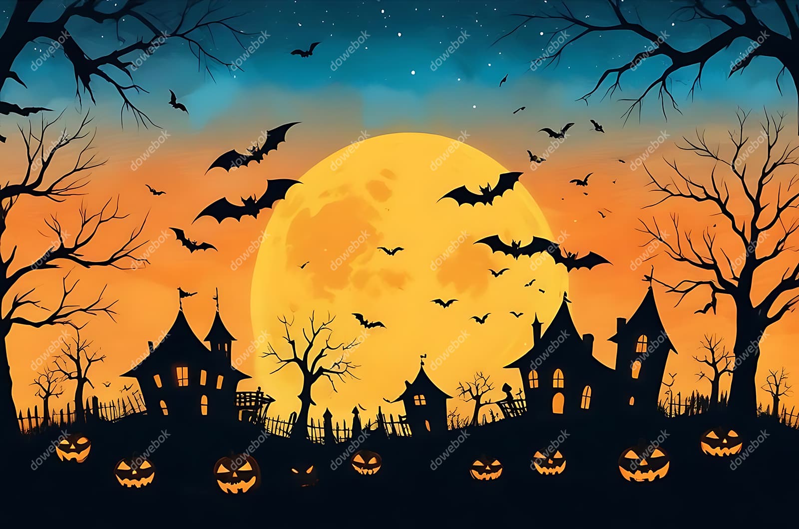 枯树蝙蝠鬼屋和南瓜灯设计万圣节图片素材(JPG)