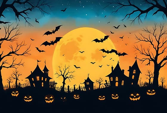 枯树蝙蝠鬼屋和南瓜灯设计万圣节图片素材(JPG)