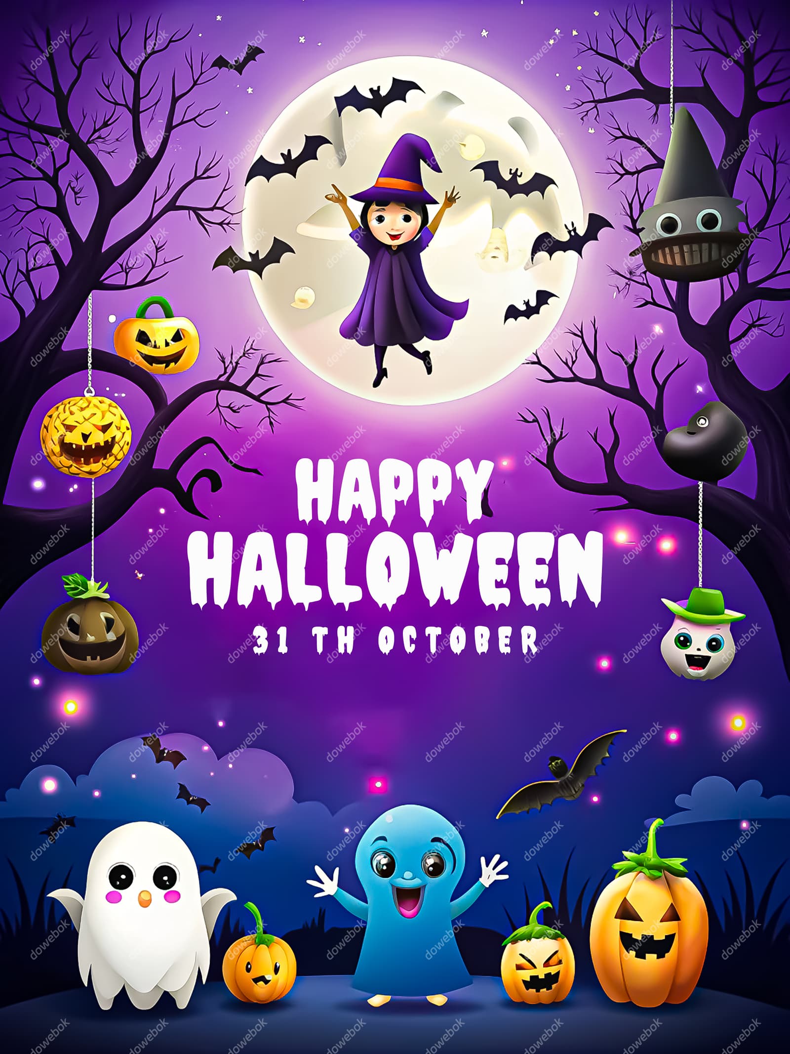 小巫女和幽灵蝙蝠等庆祝万圣节快乐海报素材(JPG)