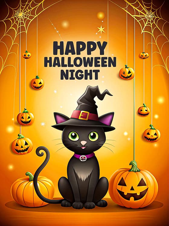 带着巫师帽的黑色猫咪设计万圣节快乐海报素材(JPG)