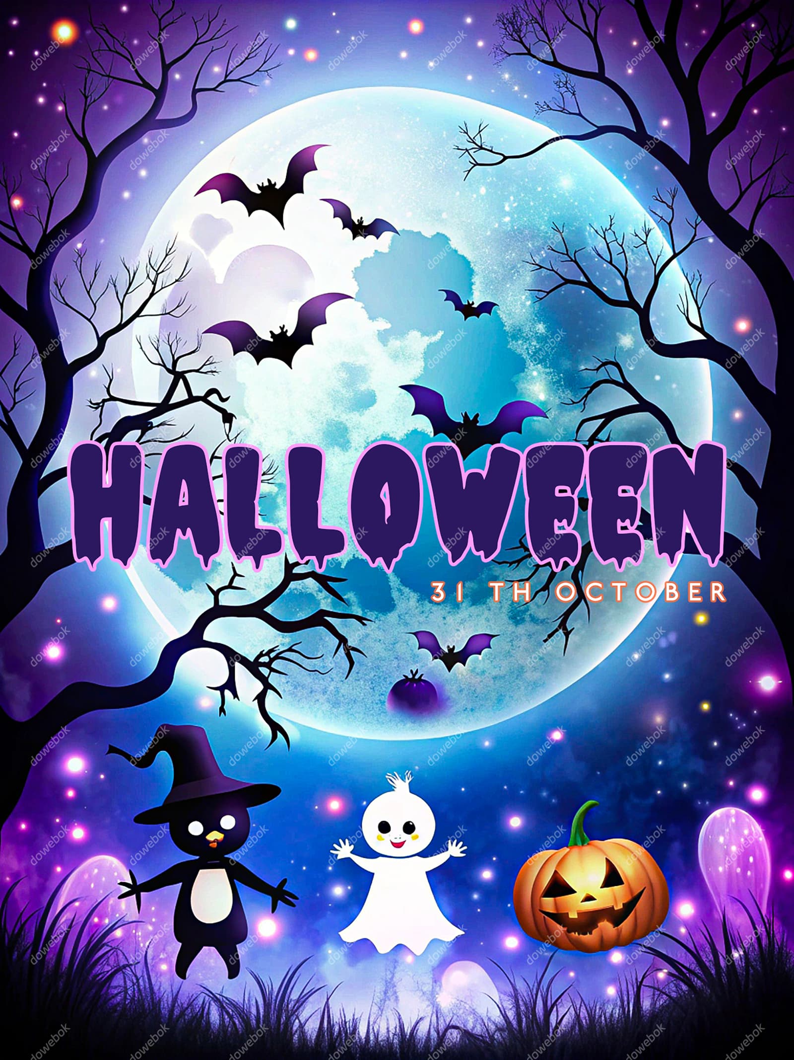 猫咪幽灵和南瓜灯在月下庆祝万圣节海报图片素材(PSD)