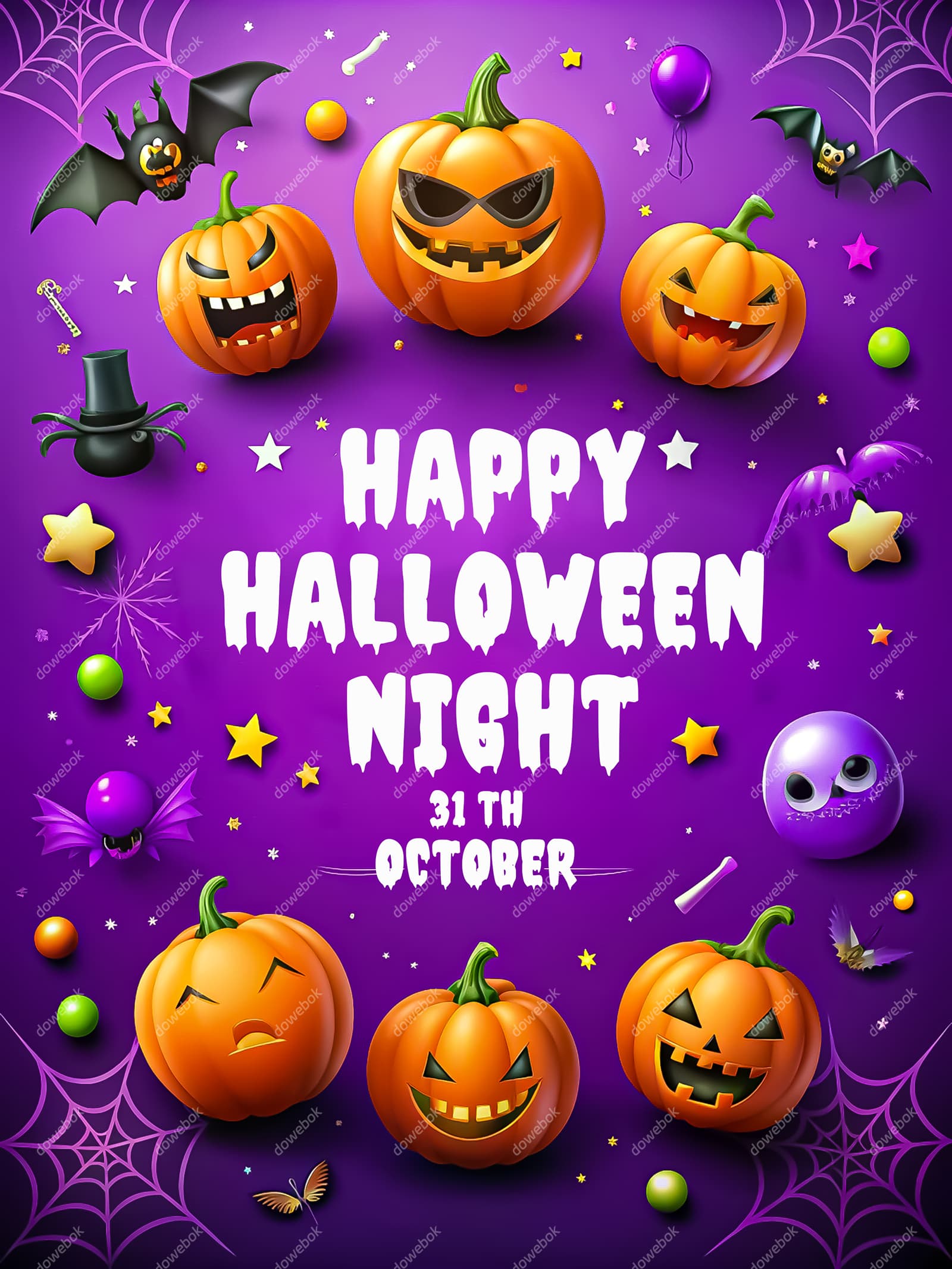 南瓜灯和蜘蛛蝙蝠等设计万圣节海报图片素材(JPG)