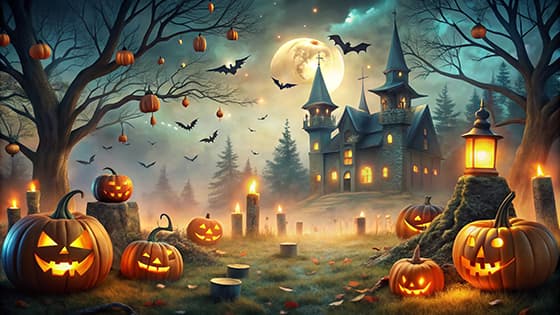 鬼屋和南瓜灯等设计万圣节背景/壁纸图片素材(JPG)