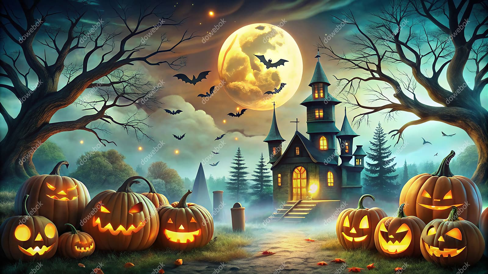 鬼屋和南瓜灯等设计万圣节背景/壁纸图片素材(JPG)