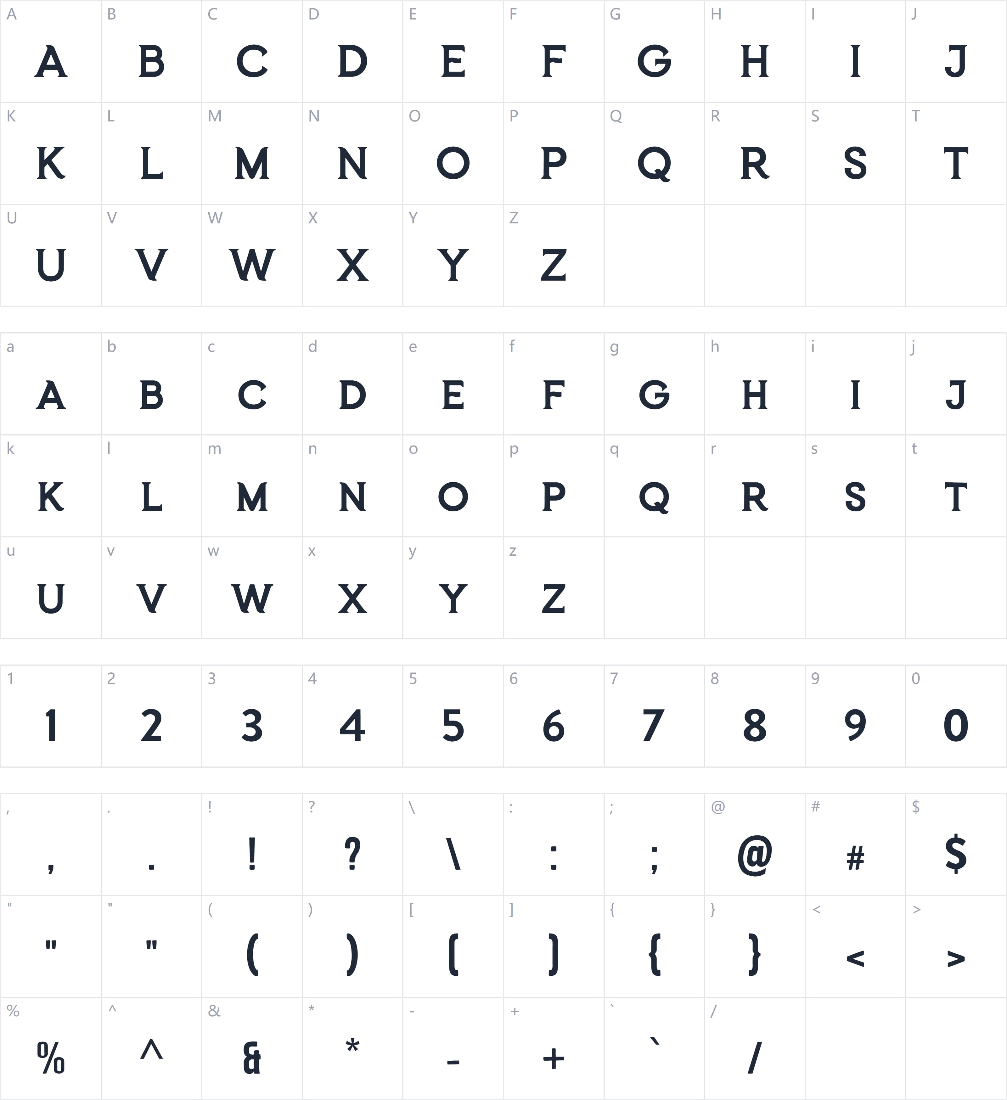 Frozenca Script Typeface字符映射图