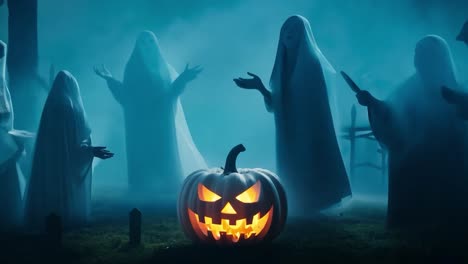 墓地里一群鬼魂围绕在一盏南瓜灯旁乱舞