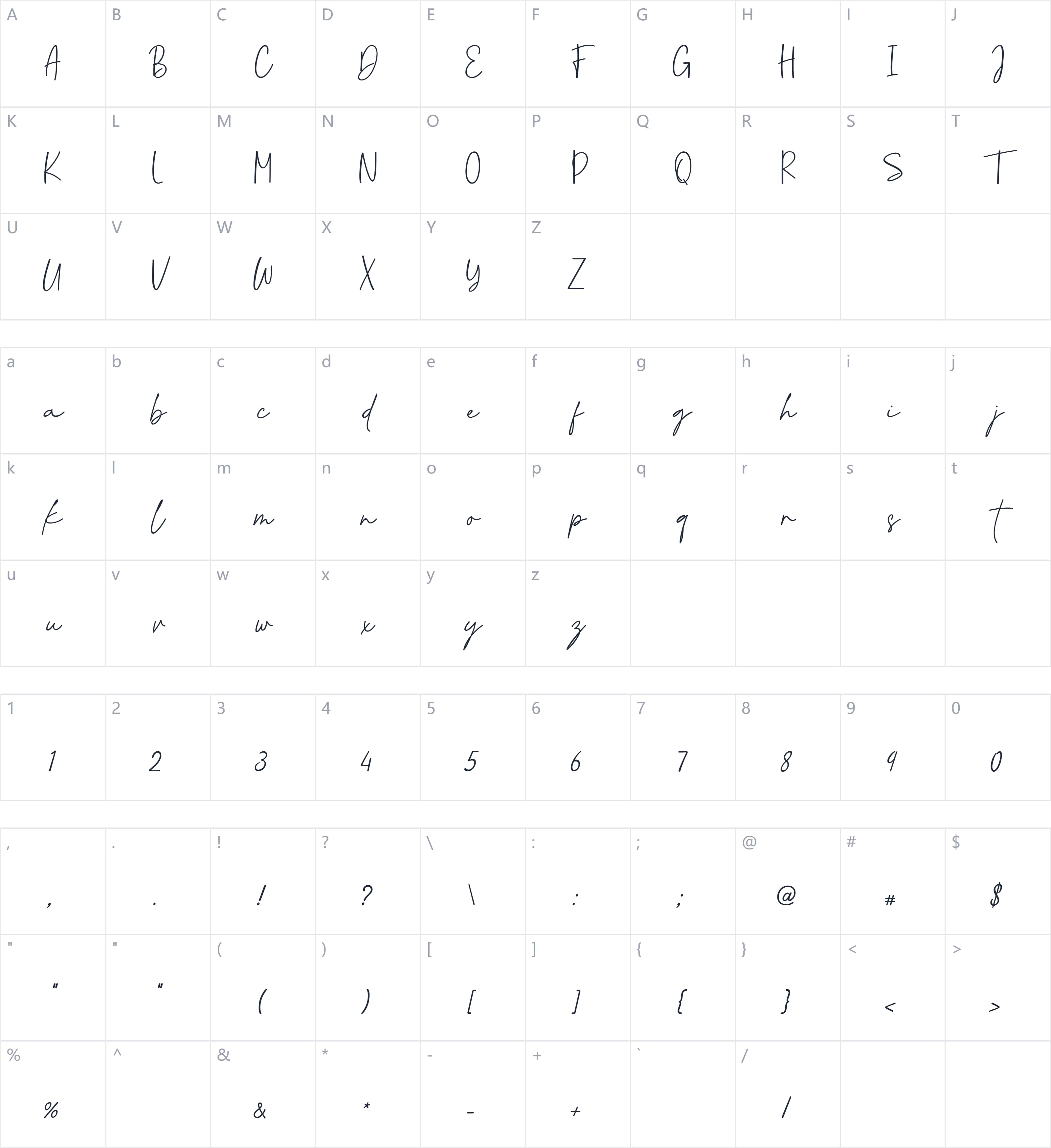 Coastline Calligraphy Script字符映射图