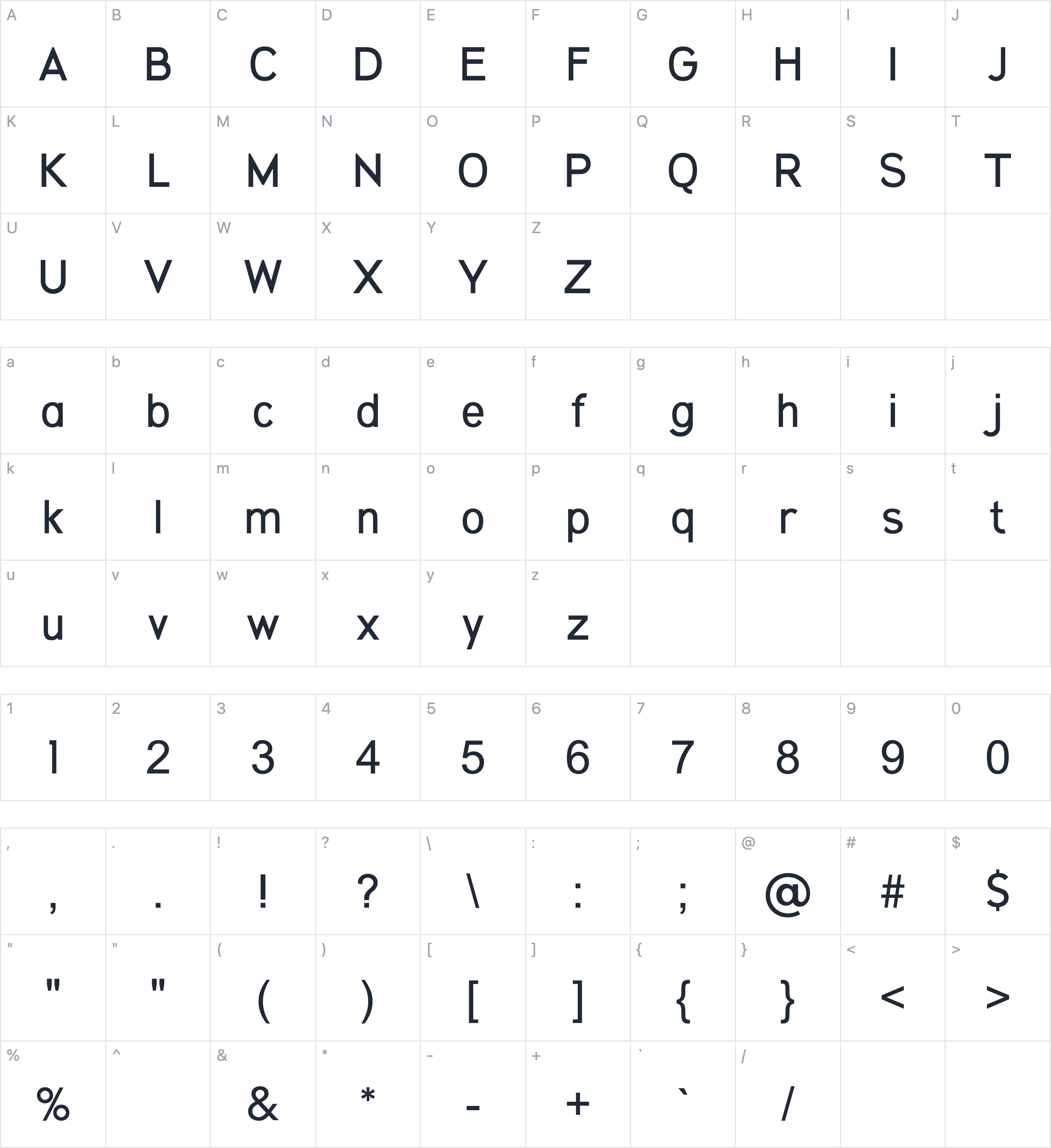Primavera Sans字符映射图