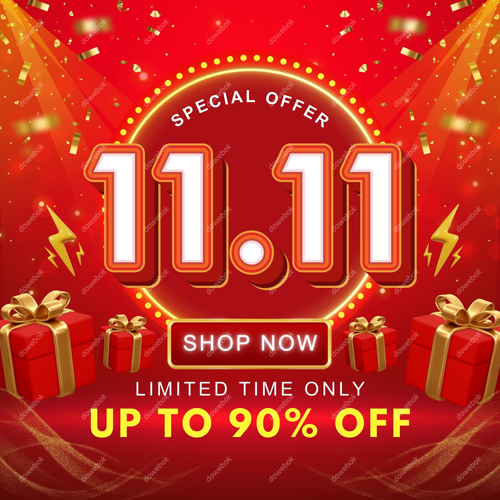 金色纸屑和礼盒设计双十一购物节促销图片素材(JPG)