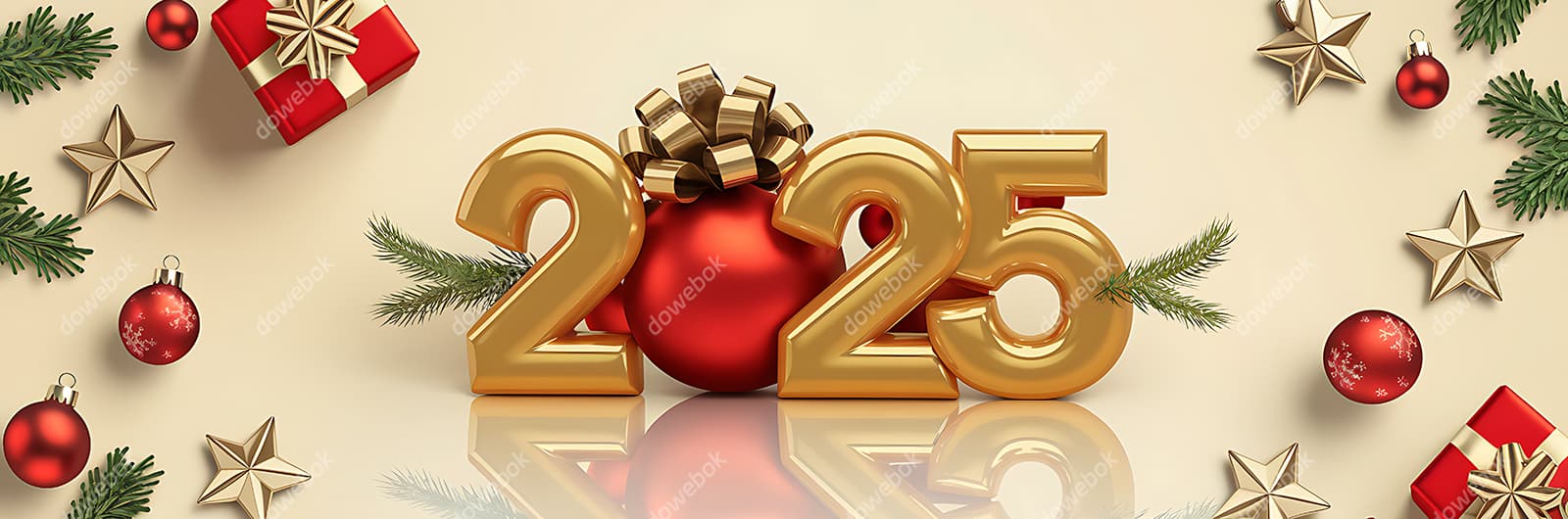 带有圣诞装饰的 2025 新年快乐 banner 图片素材(JPG)