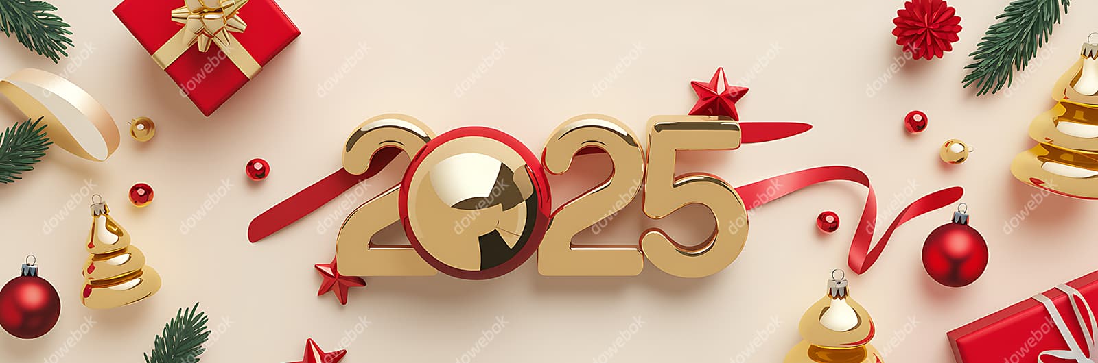 带有圣诞装饰的2025新年快乐banner图片素材(JPG)