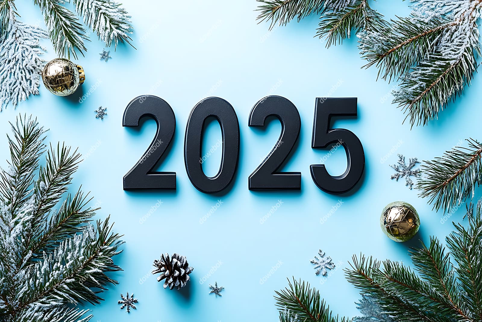 被松枝和雪花包围的数字 2025 新年快乐图片素材(JPG)