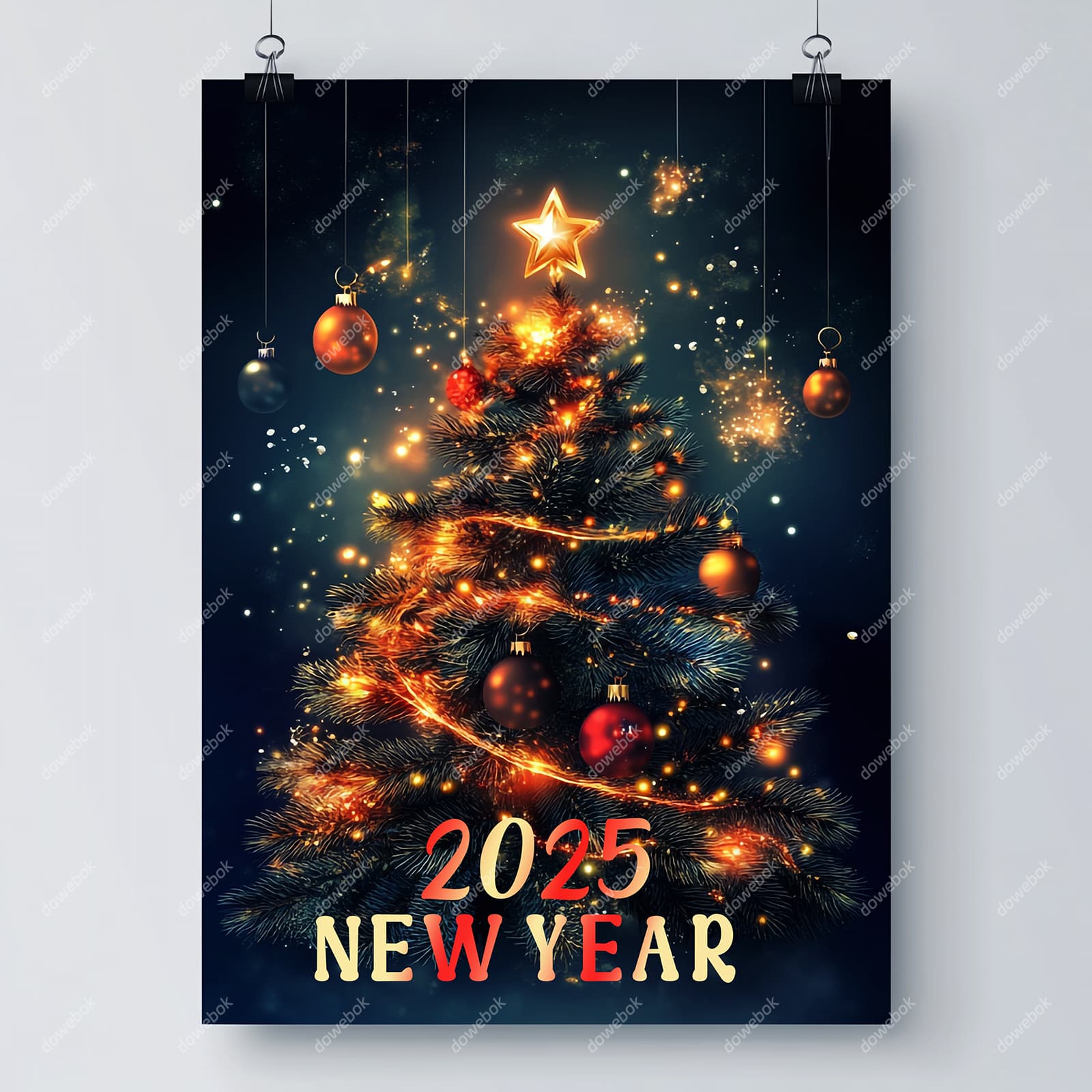 金色闪亮的圣诞树设计 2025 新年快乐素材(PSD)