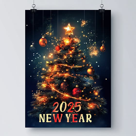 金色闪亮的圣诞树设计 2025 新年快乐素材(PSD)