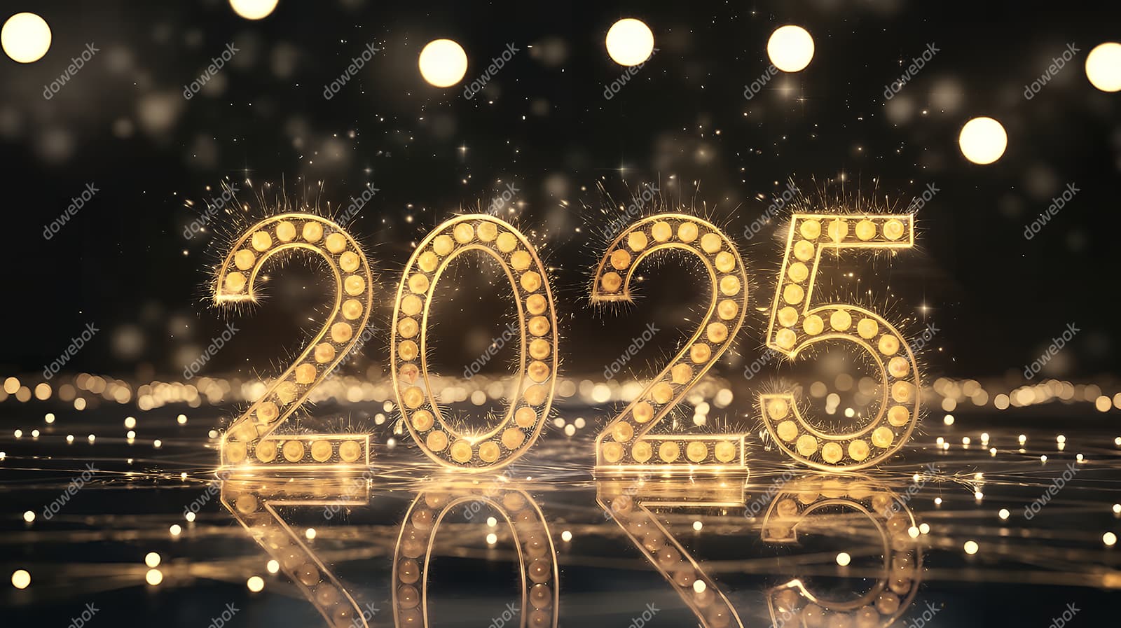 水面上的金色数字设计 2025 新年快乐图片素材(JPG)