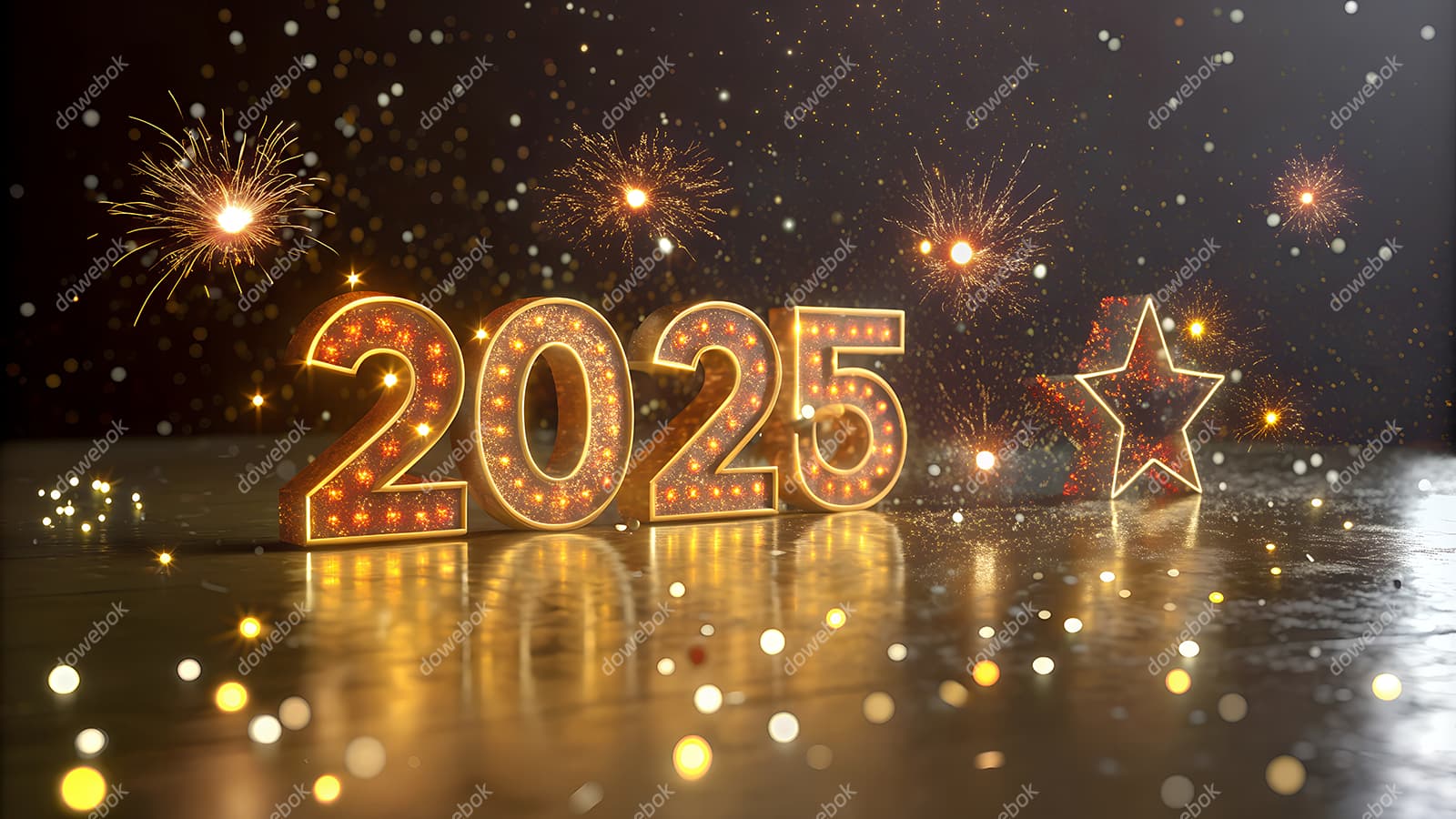 金色立体数字和烟花设计 2025 新年快乐图片素材(JPG)