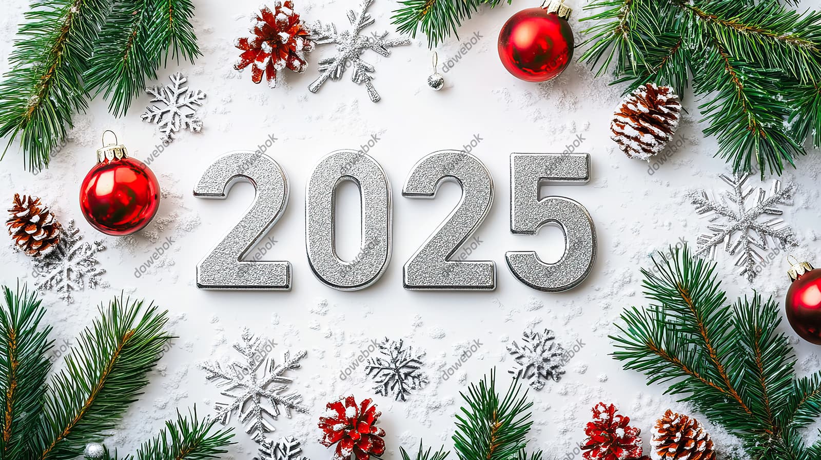 被松枝和雪花包围的银色数字设计 2025 新年快乐图片素材(JPG)