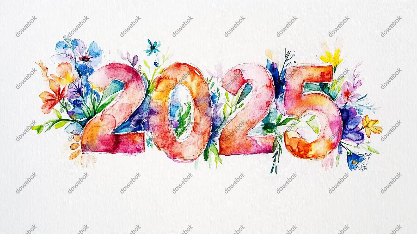 水彩花卉和数字设计 2025 新年快乐图片素材(JPG)