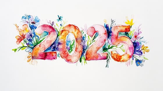 水彩花卉和数字设计 2025 新年快乐图片素材(JPG)