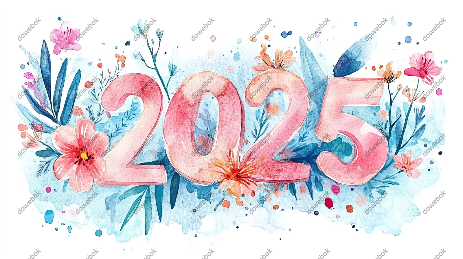 水彩花卉和数字设计 2025 新年快乐图片素材(JPG)