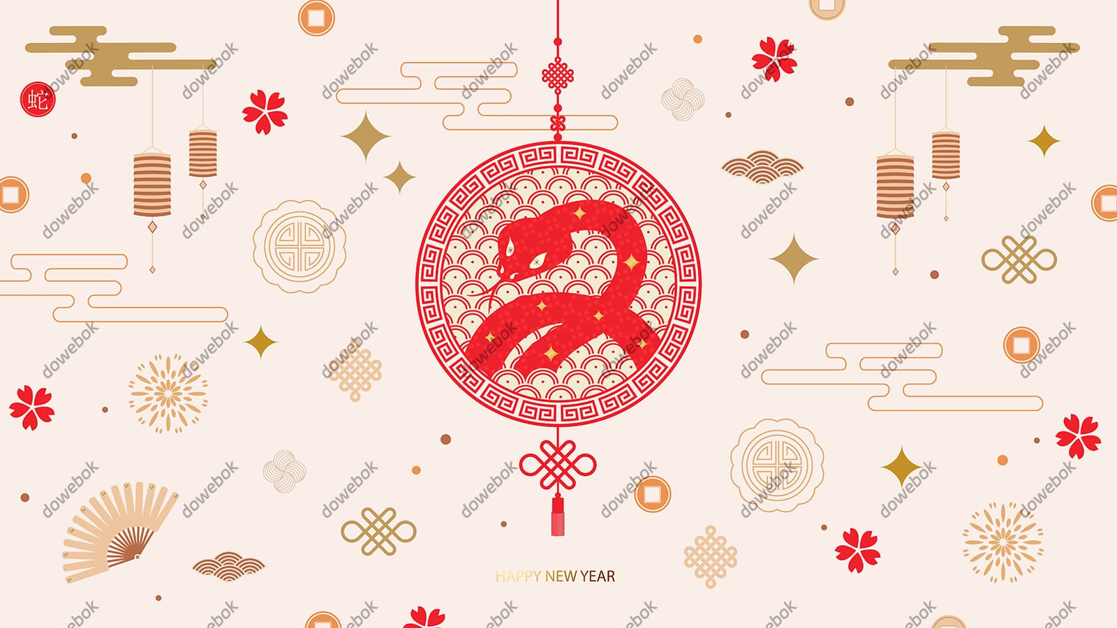 各种各样的中国元素组成的蛇年春节背景矢量素材(EPS)