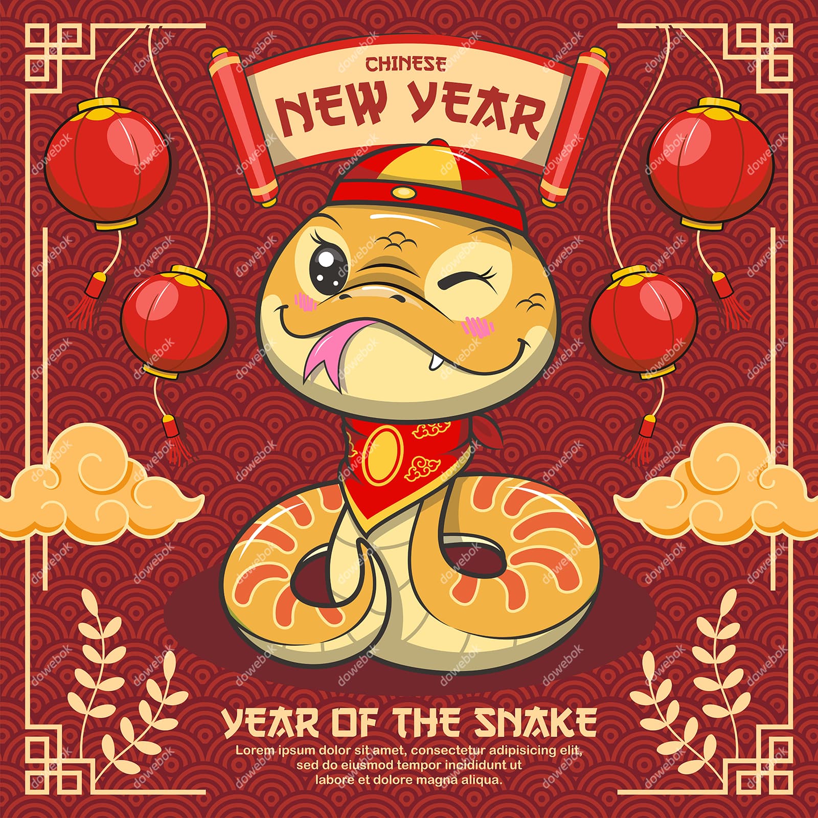 调皮可爱的蛇设计蛇年春节背景矢量素材(EPS)