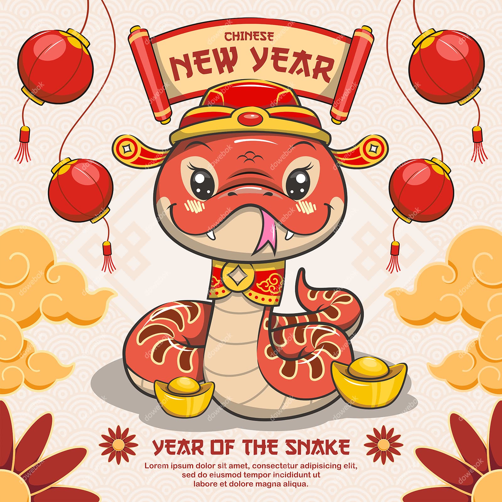 调皮可爱的蛇设计蛇年春节背景矢量素材(EPS)