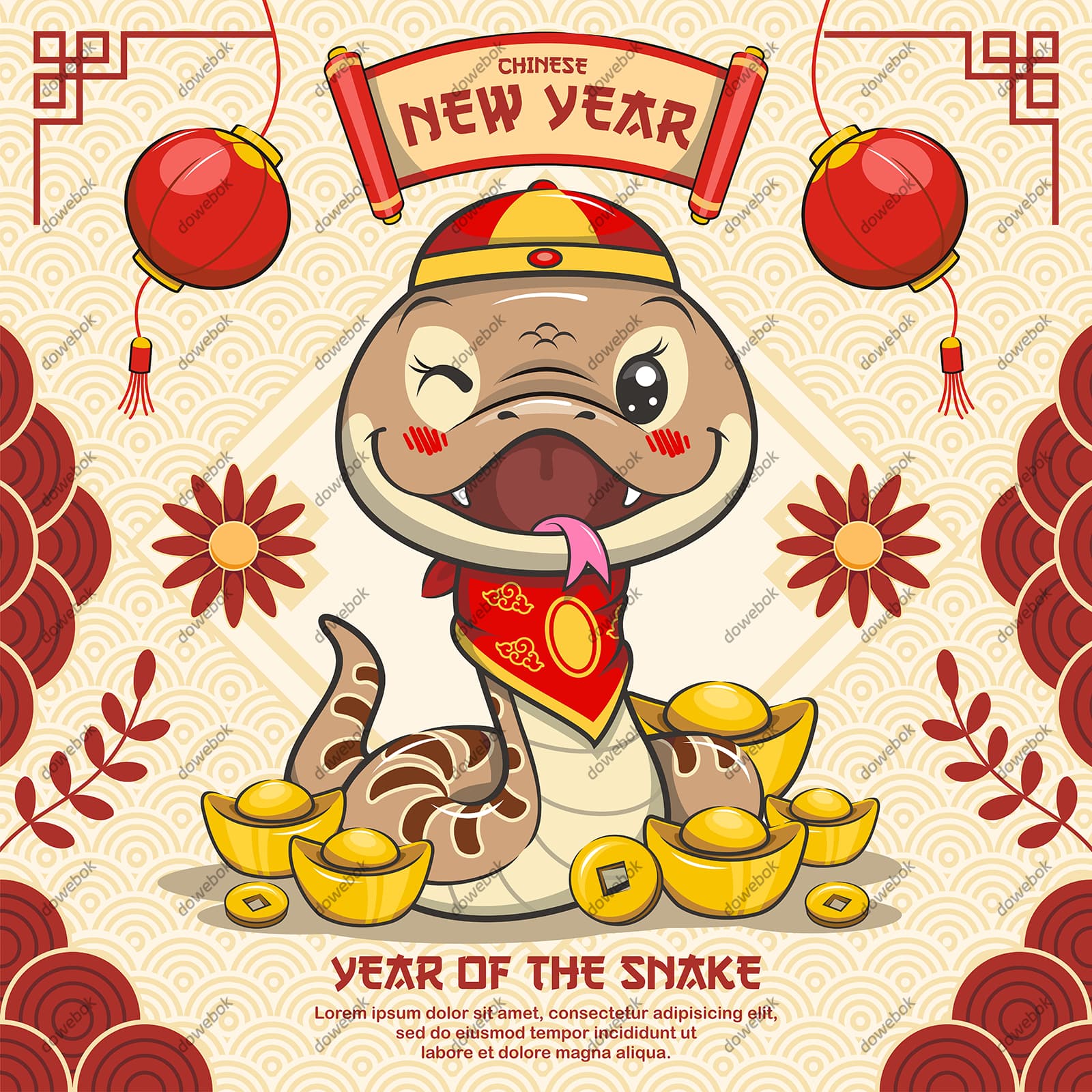 调皮可爱的蛇设计蛇年春节背景矢量素材(EPS)