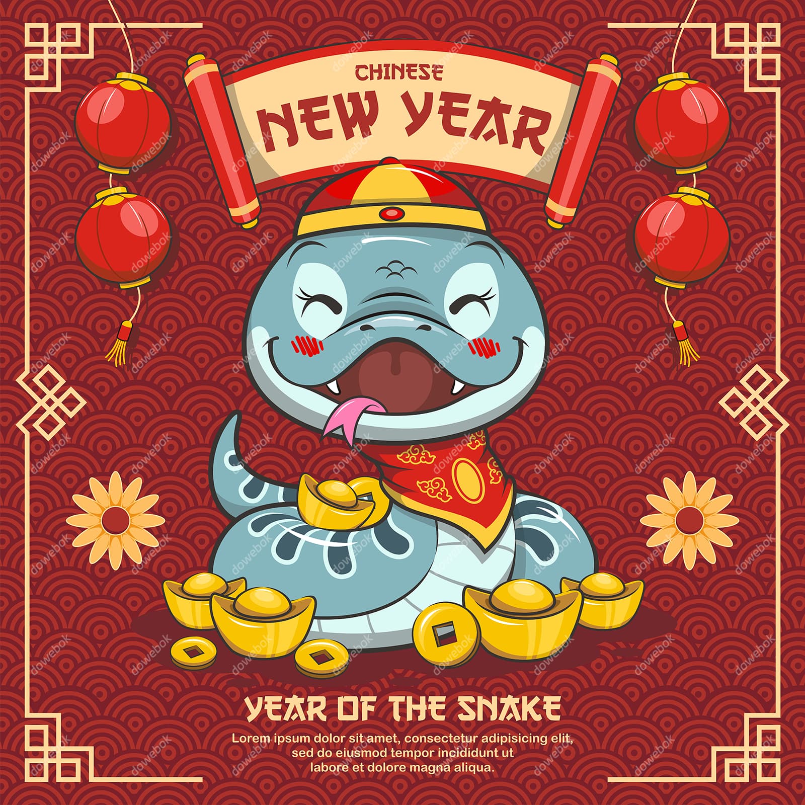 调皮可爱的蛇设计蛇年春节背景矢量素材(EPS)