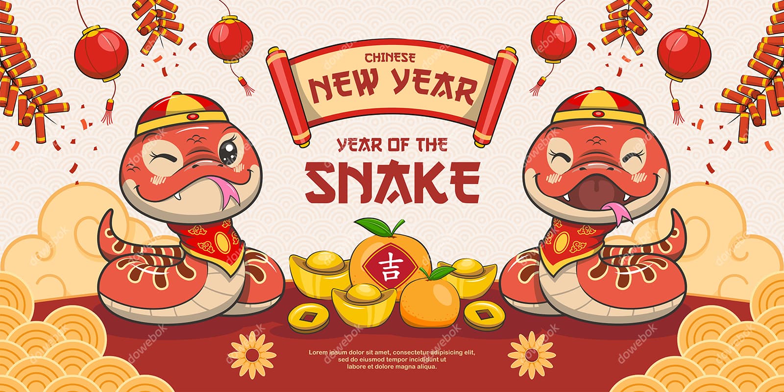 两条开心可爱的蛇设计蛇年春节背景矢量素材(EPS)